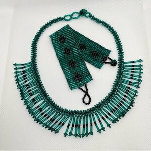 Vintage Green Black Bugle Seed Bead Necklace Bracelet Set